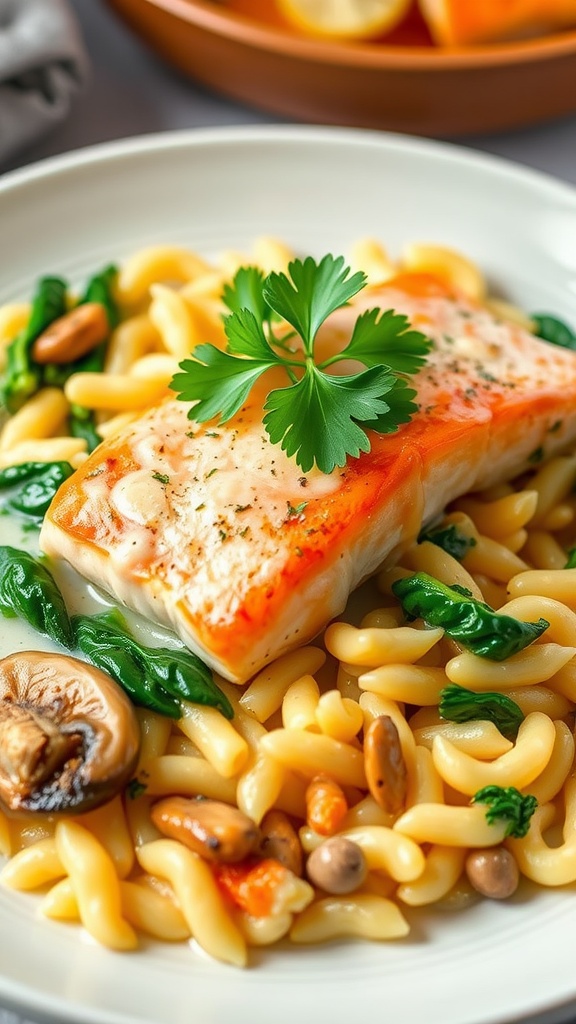 Creamy salmon orzo with spinach and mushrooms served on a plate, garnished with parsley.